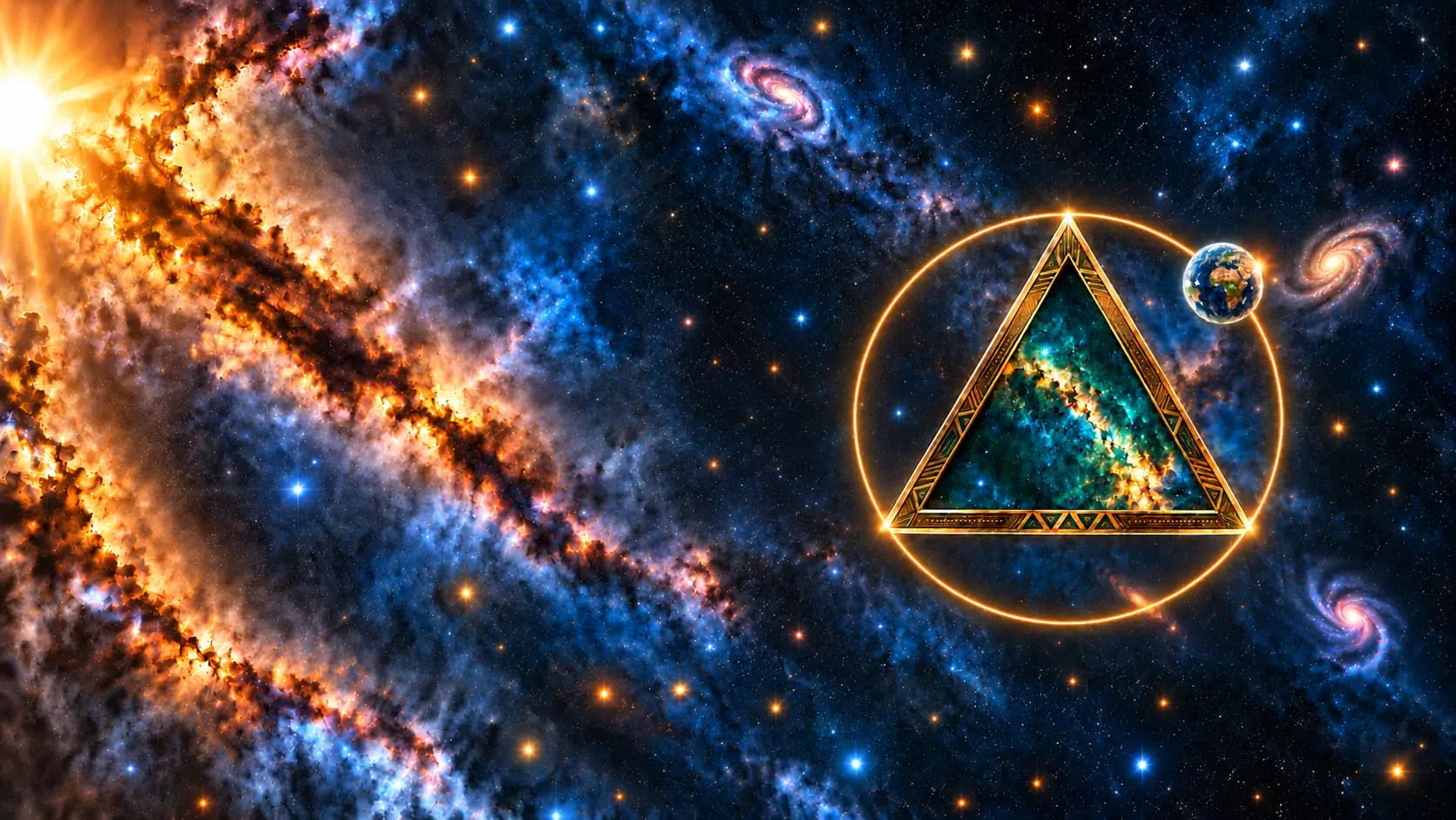 Triangle doré entouré d’une orbite lumineuse dans l’espace